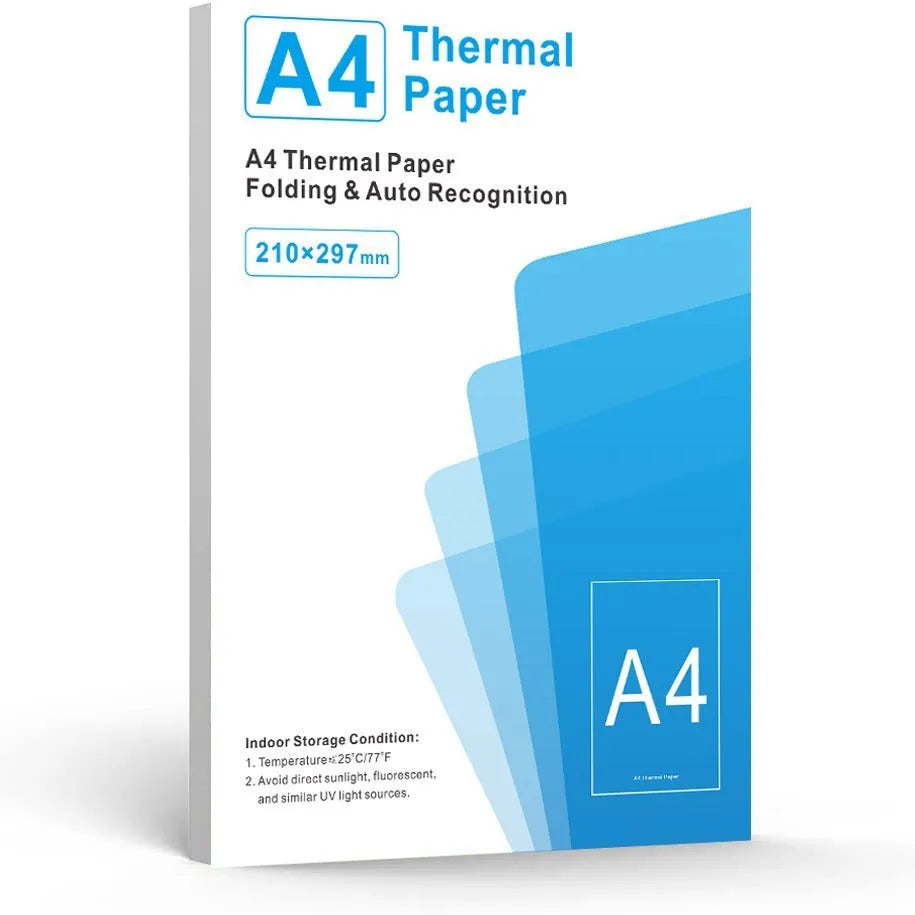 Pack of white A4 thermal paper for portable printers, showing quick-drying thermosensitive sheets