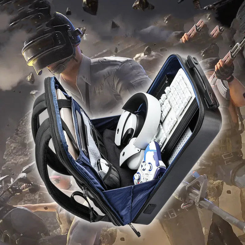 Large hard shell PC gaming backpack in black or silver with lock, showing dedicated laptop and organiser pockets