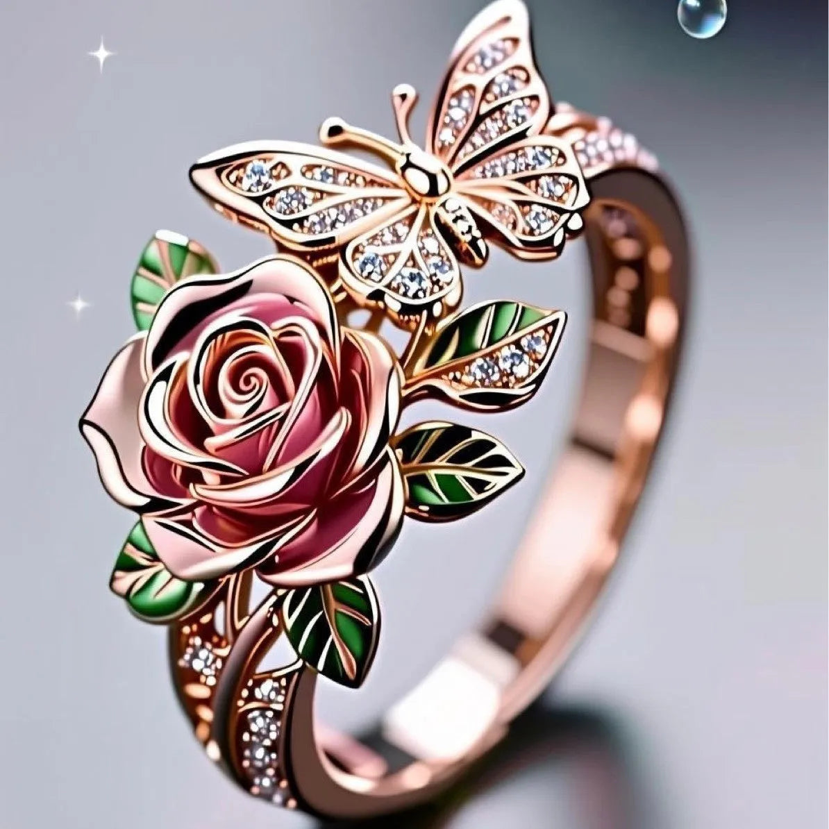 Adjustable butterfly personality ring with colourful oil drip finish showing rose and leaf design elements