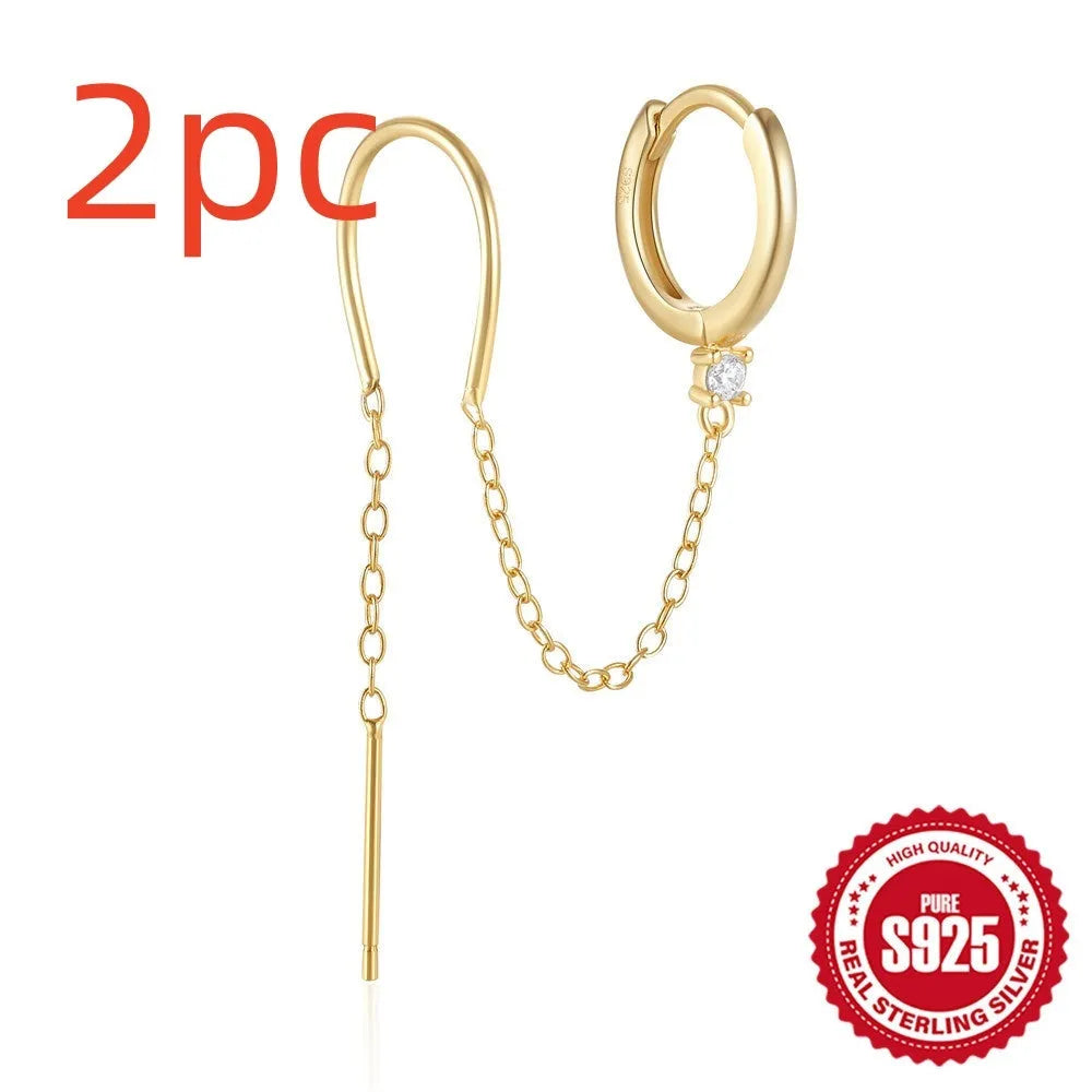 S925 sterling silver diamond flower tassel chain ear clip stud earrings in gold colour