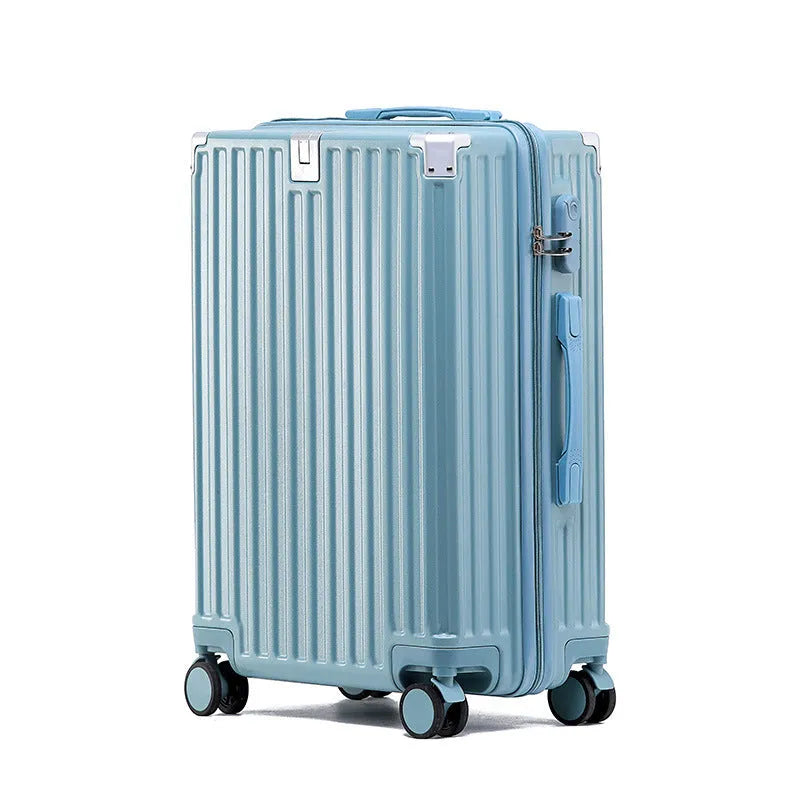 Aluminium frame ABS PC suitcase in avocado green colour with USB port and universal wheels.