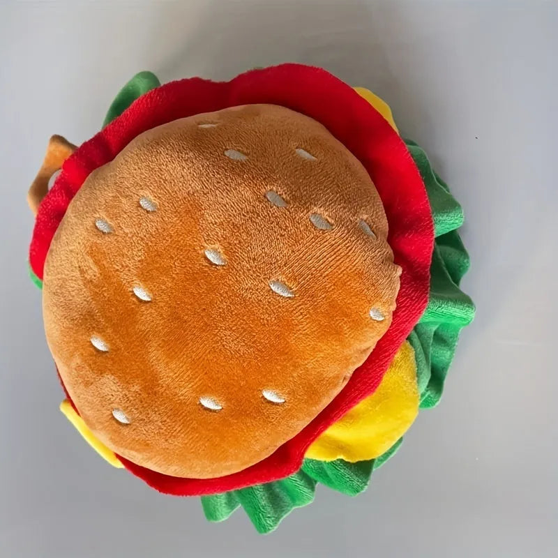 Red, brown, and cream soft felt burger-shaped headdress collar for cats with velcro strap