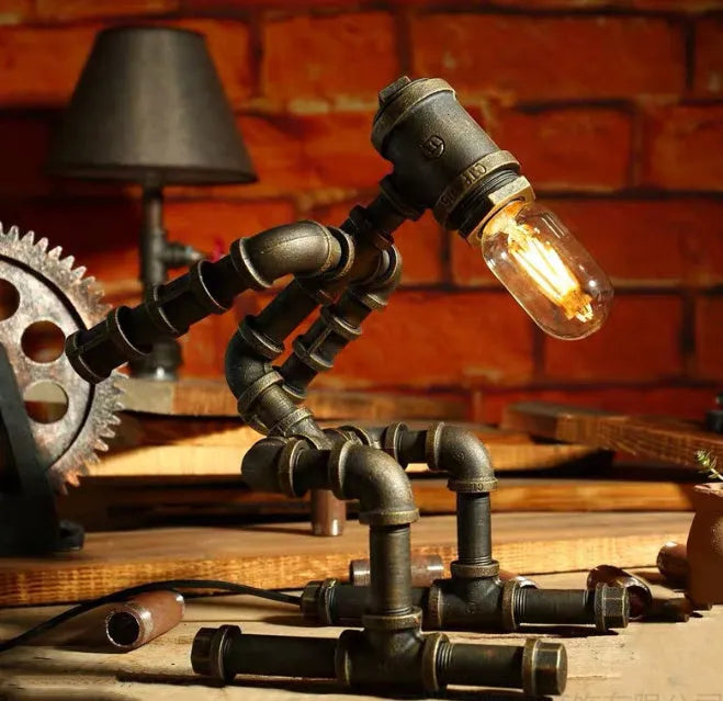 Robot Table Lamp vintage industrial desk light with iron pipe design green bronze finish