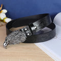 Men's black imitation leather belt with a detailed silver alloy cow head buckle and pin buckle fastening.
