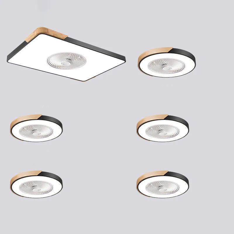 Nordic ceiling fan light with solid wood frame shown in rectangular, round, and square shape options.