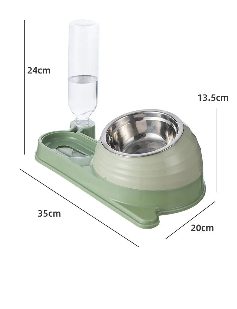 Brown elevated cat food bowl with integrated water dispenser bottle for automatic feeding