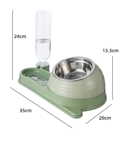 Brown elevated cat food bowl with integrated water dispenser bottle for automatic feeding
