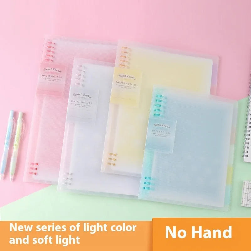 Refillable loose spiral notebook with PP cover in pastel cookie design, A5 and B5 size options shown