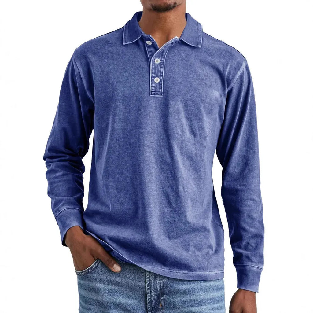 Men's retro washed distressed cotton lapel long sleeve polo shirt shown in army green.