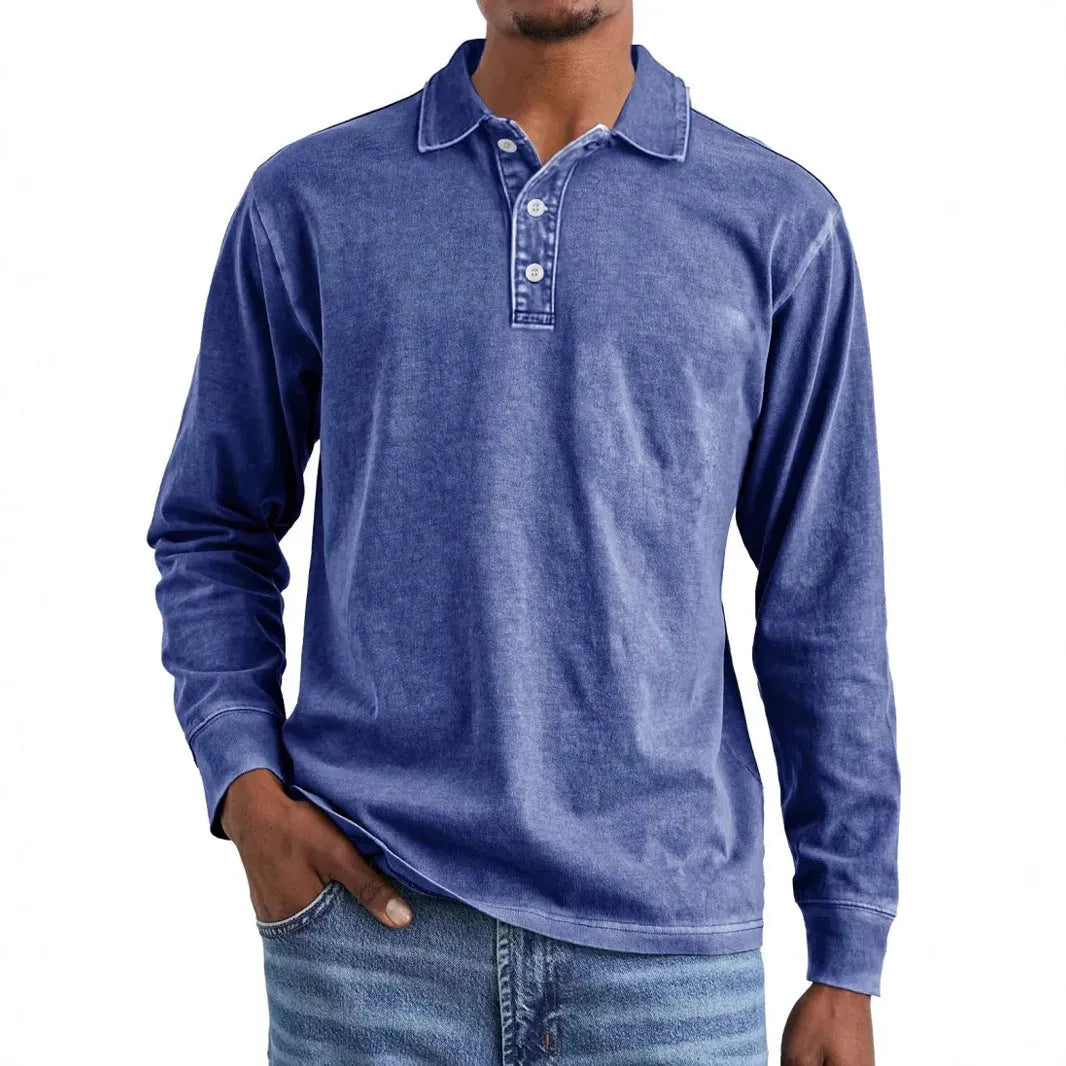 Men's retro washed distressed cotton lapel long sleeve polo shirt shown in army green.