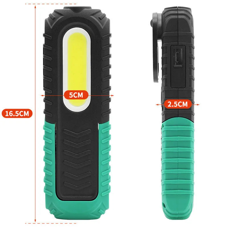 Black and green USB rechargeable auto repair work light with PET-coated housing