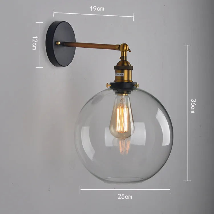 Retro round ball glass wall lamp with aluminium holder in 20cm size