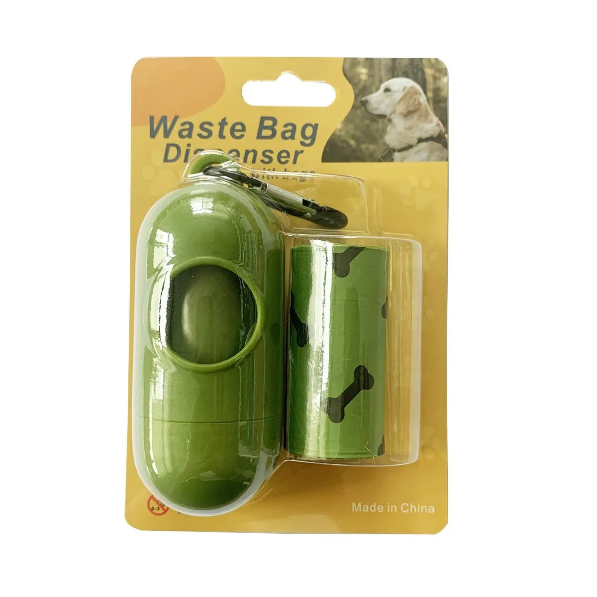 Military green degradable dog poop bags with black bone print, measuring 23 by 33 centimetres