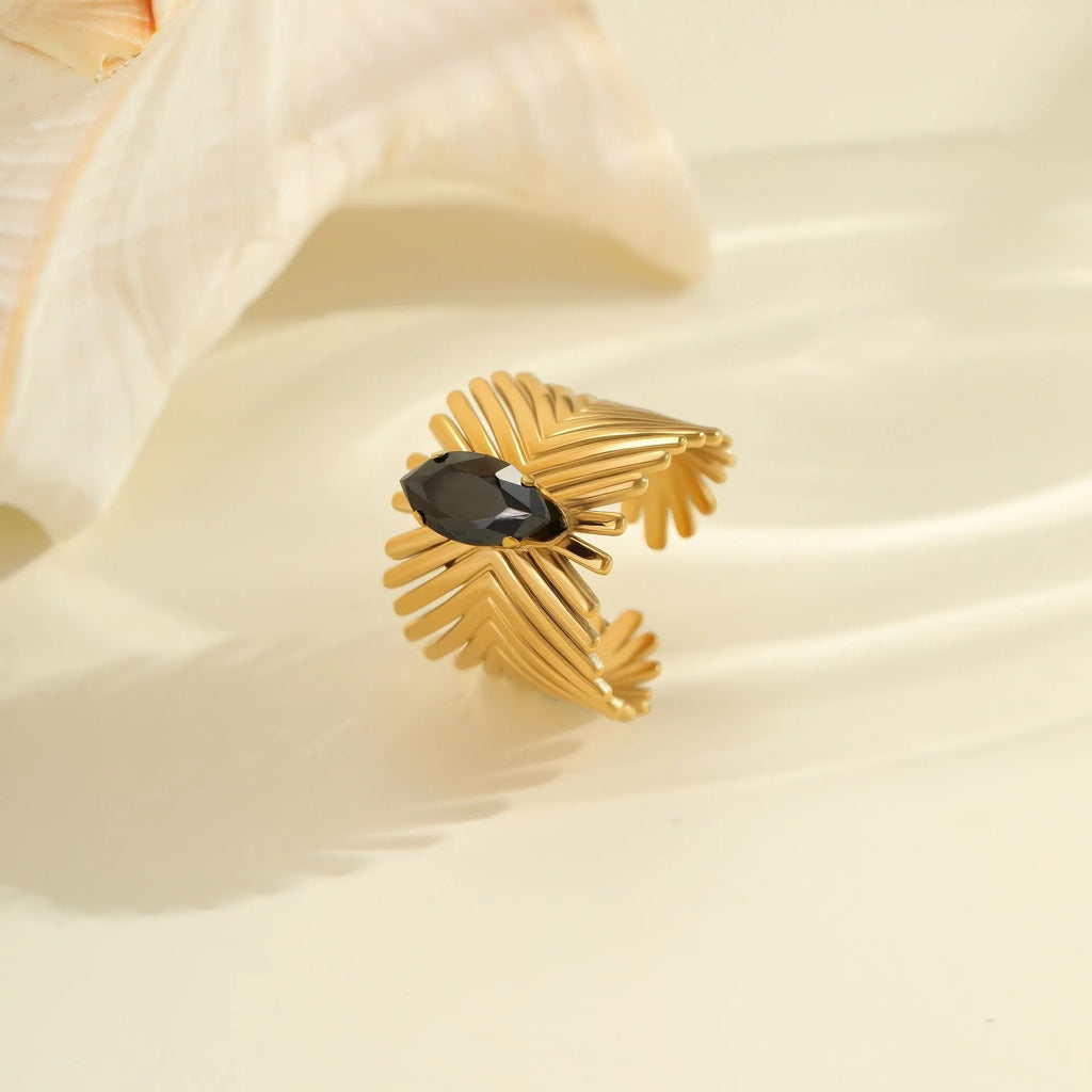 Adjustable open mouth titanium steel ring for women with inlaid zircon stones in a geometry design.
