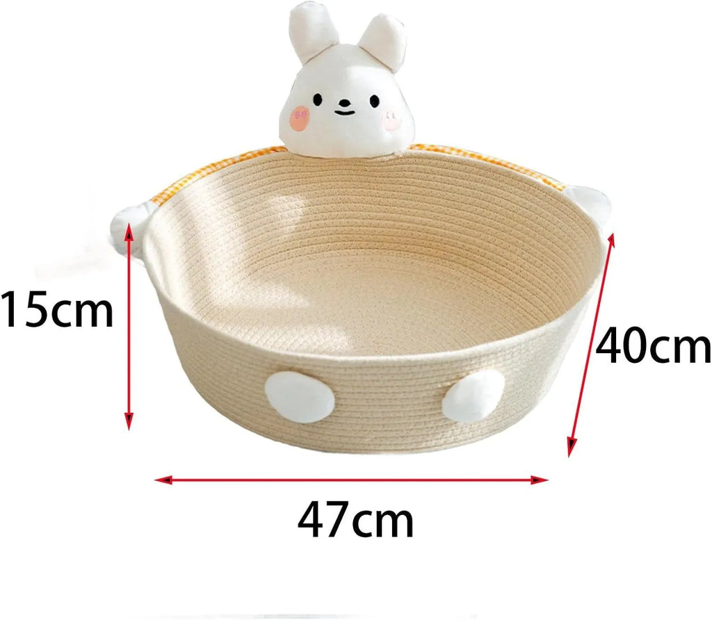 Woven cotton rope cat bed basket with scratching pad in bear design, shown next to a cat.