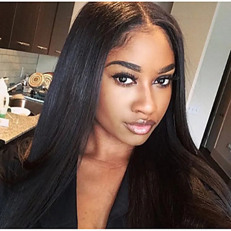 Synthetic long straight black wig with centre part and bangs for women