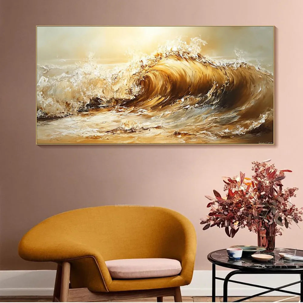 Hand-painted abstract yellow waves landscape oil painting canvas wall art