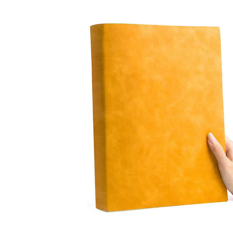 Thickened A4 soft leather notebook with imitation leather cover open to lined pages, showing ivory white paper and choice of multiple colours