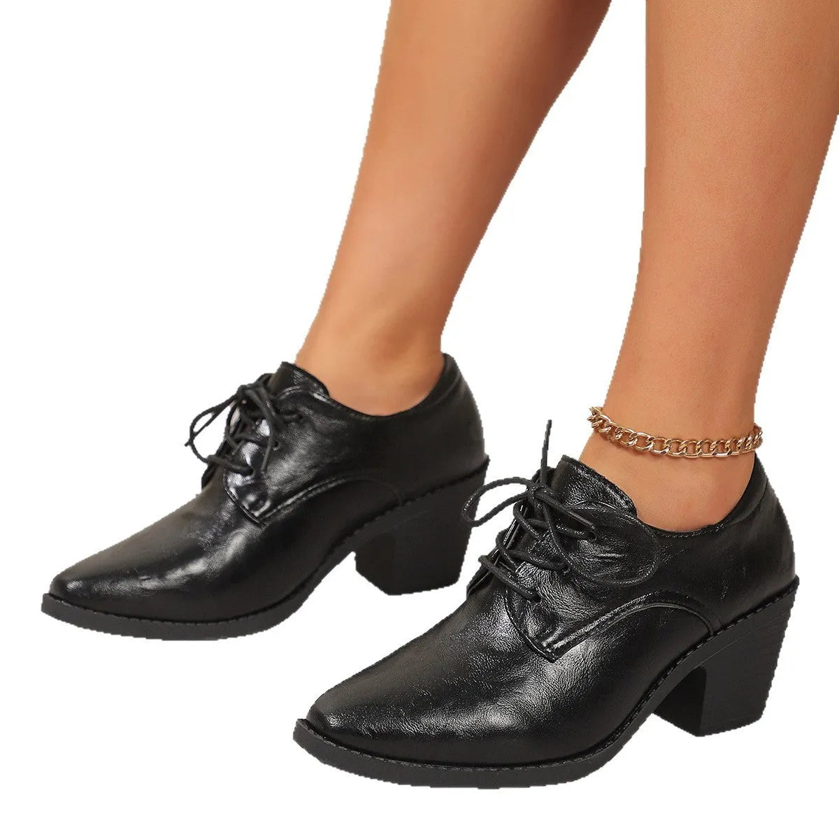 Pointed British style high heel chunky heel front lace-up low-top leather shoes in beige