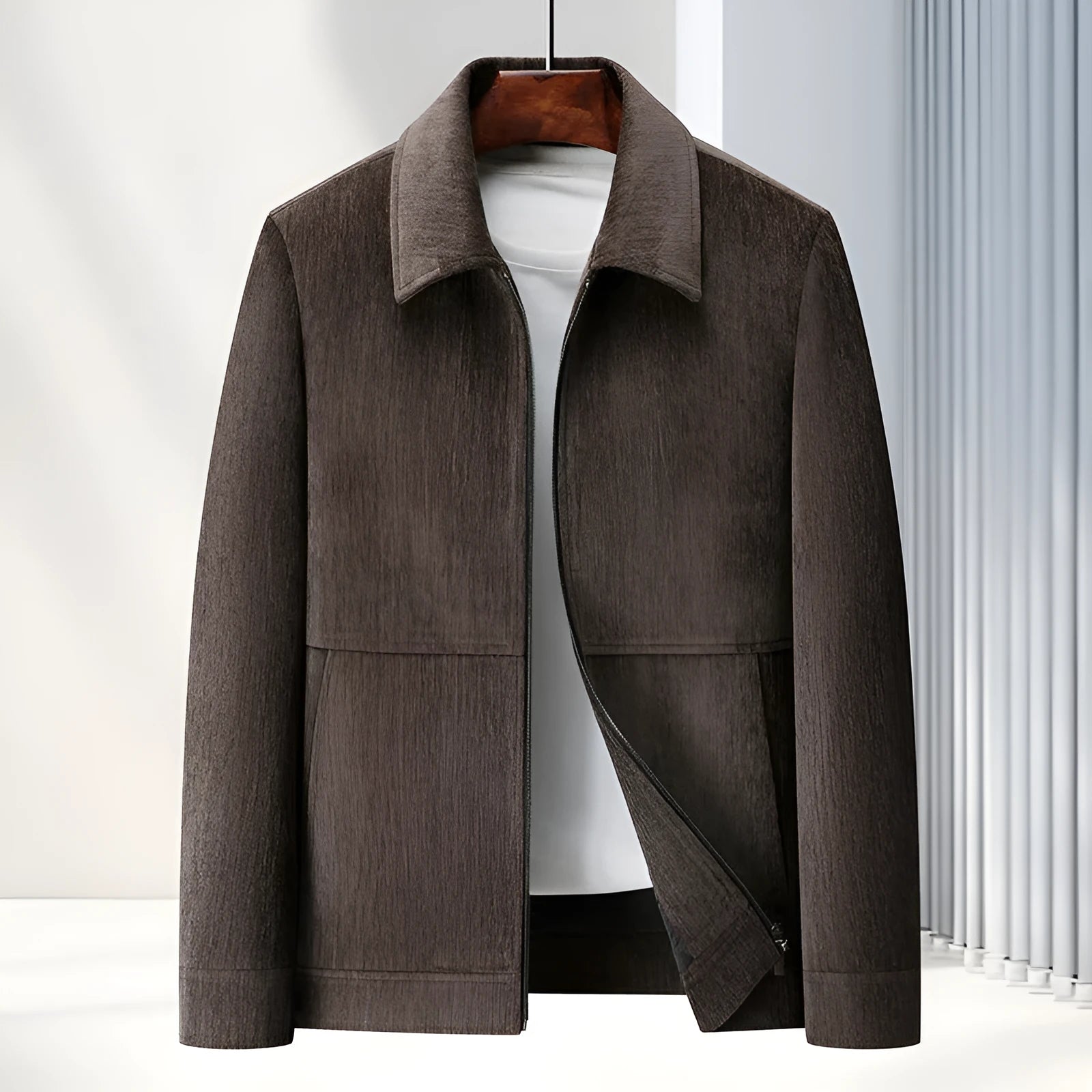 Men's slim fit casual lapel coat in thickening Vinylon fabric shown in dark blue.