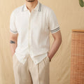 Men's apricot lapel polo shirt with short sleeves made from cotton polyester blend fabric.