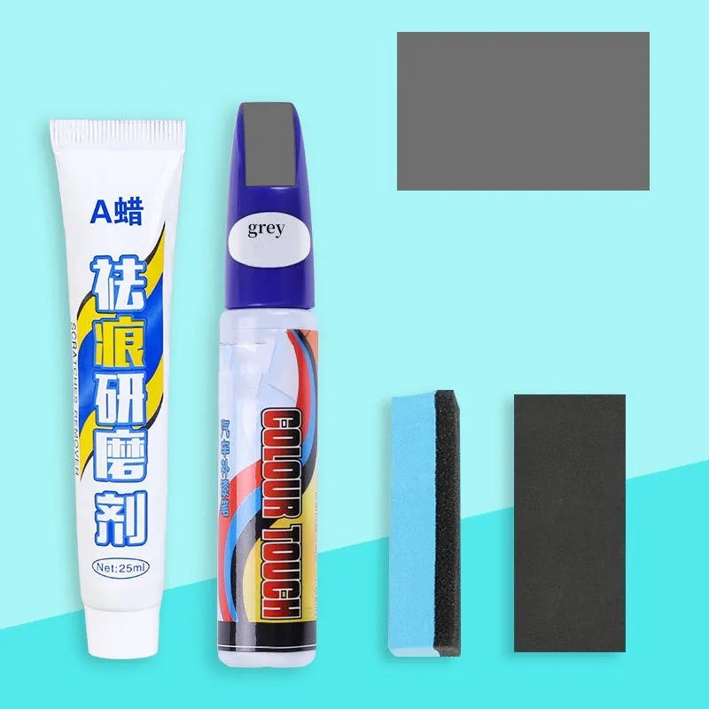 Automotive paint repair pen kit with touch-up paint, scratch wax, sponge and sandpaper