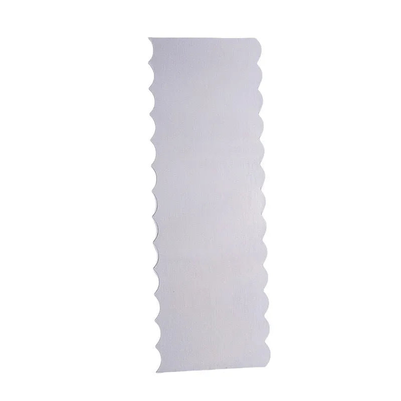 Stainless steel cake decorating scraper showing polygon pattern edge design