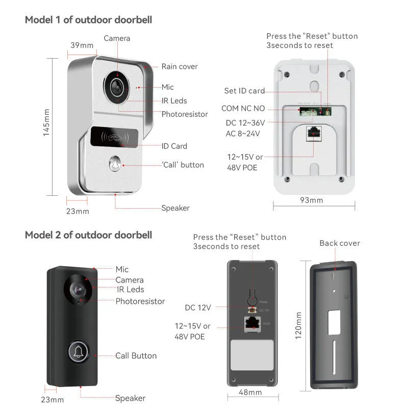 10-inch video intercom doorbell system with 1080P camera and ethernet cable connection