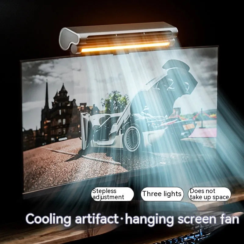 Black bladeless USB fan clipped to laptop screen with integrated lighting lamp showing brushless motor design