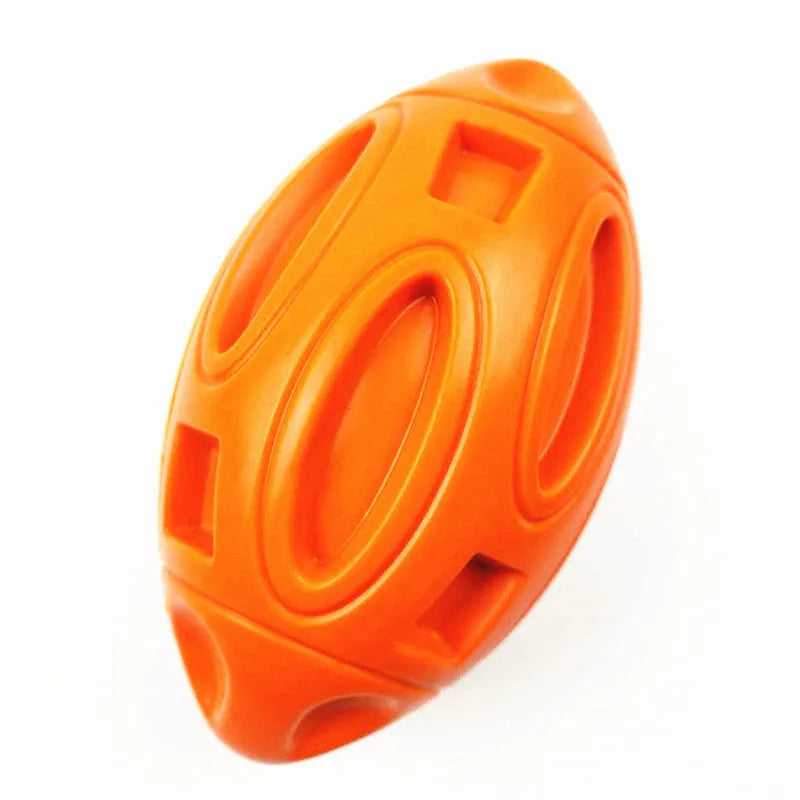 Blue, green, and orange durable natural rubber squeaky dog chew ball for medium and large breeds.