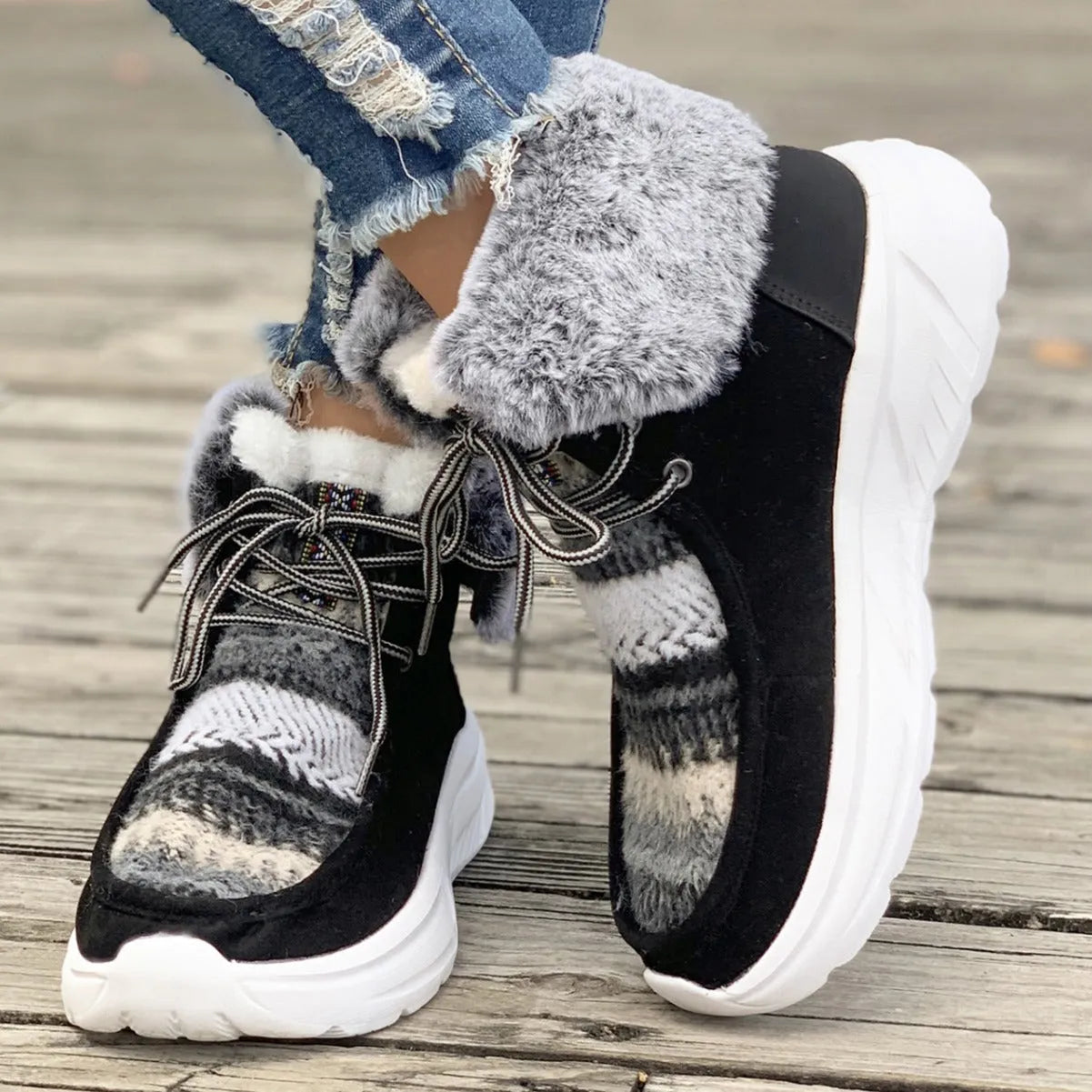 Women's beige lace-up snow boots with plush lining and non-slip rubber soles
