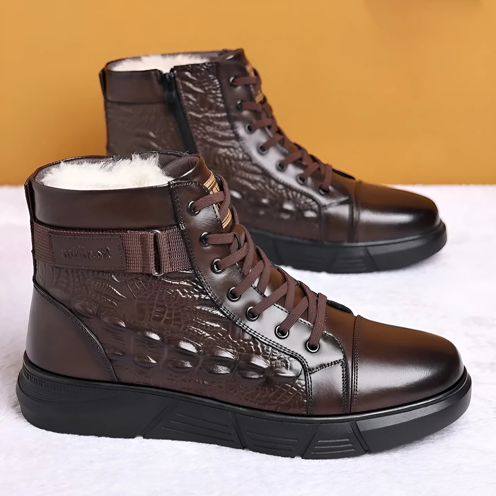 Women's black velvet winter boots with fur integration, round toe, lace-up front, and rubber sole.