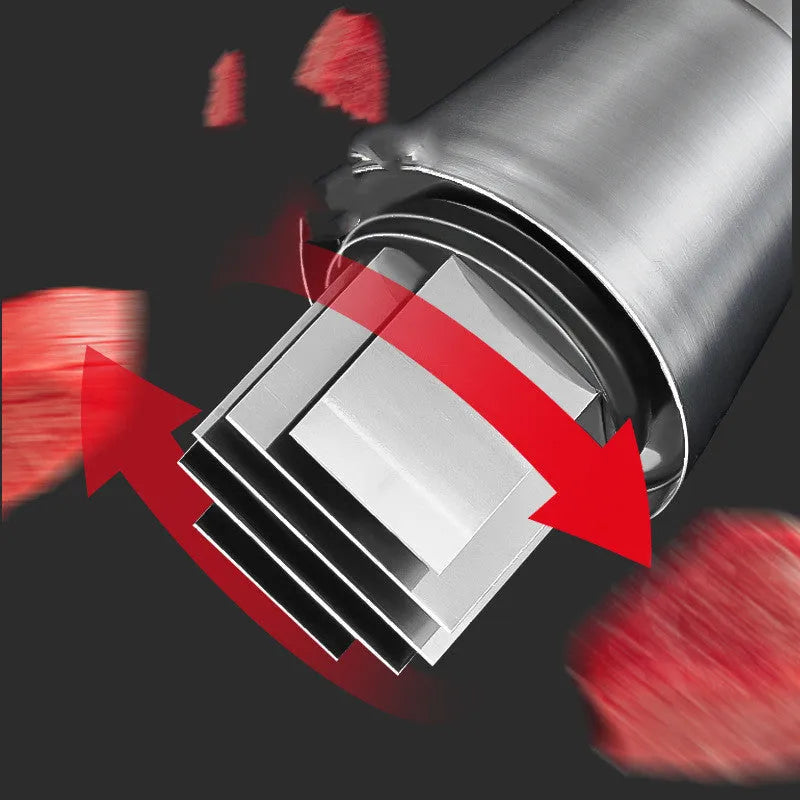 Black manual garlic crusher onion chopper with stainless steel blades on a kitchen counter