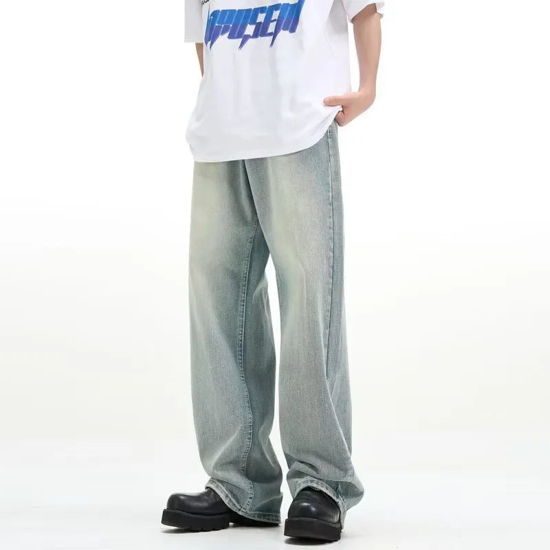 Blue loose retro trousers made from rabbit fur fabric with elastic waistband
