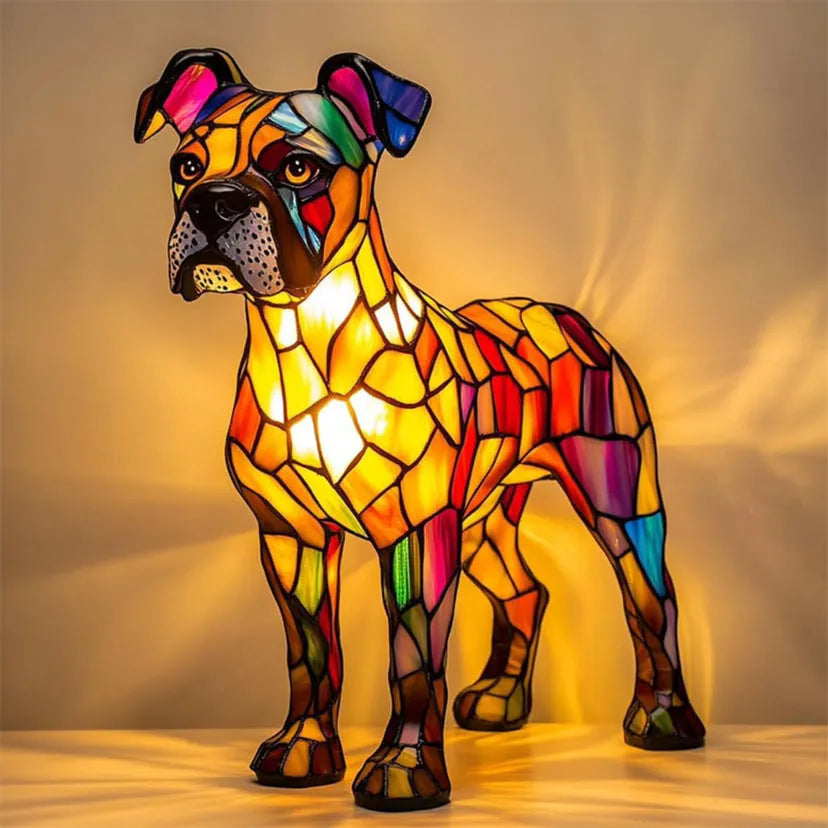 Colourful resin dog lamp decoration in pug shape, button battery powered, on a shelf