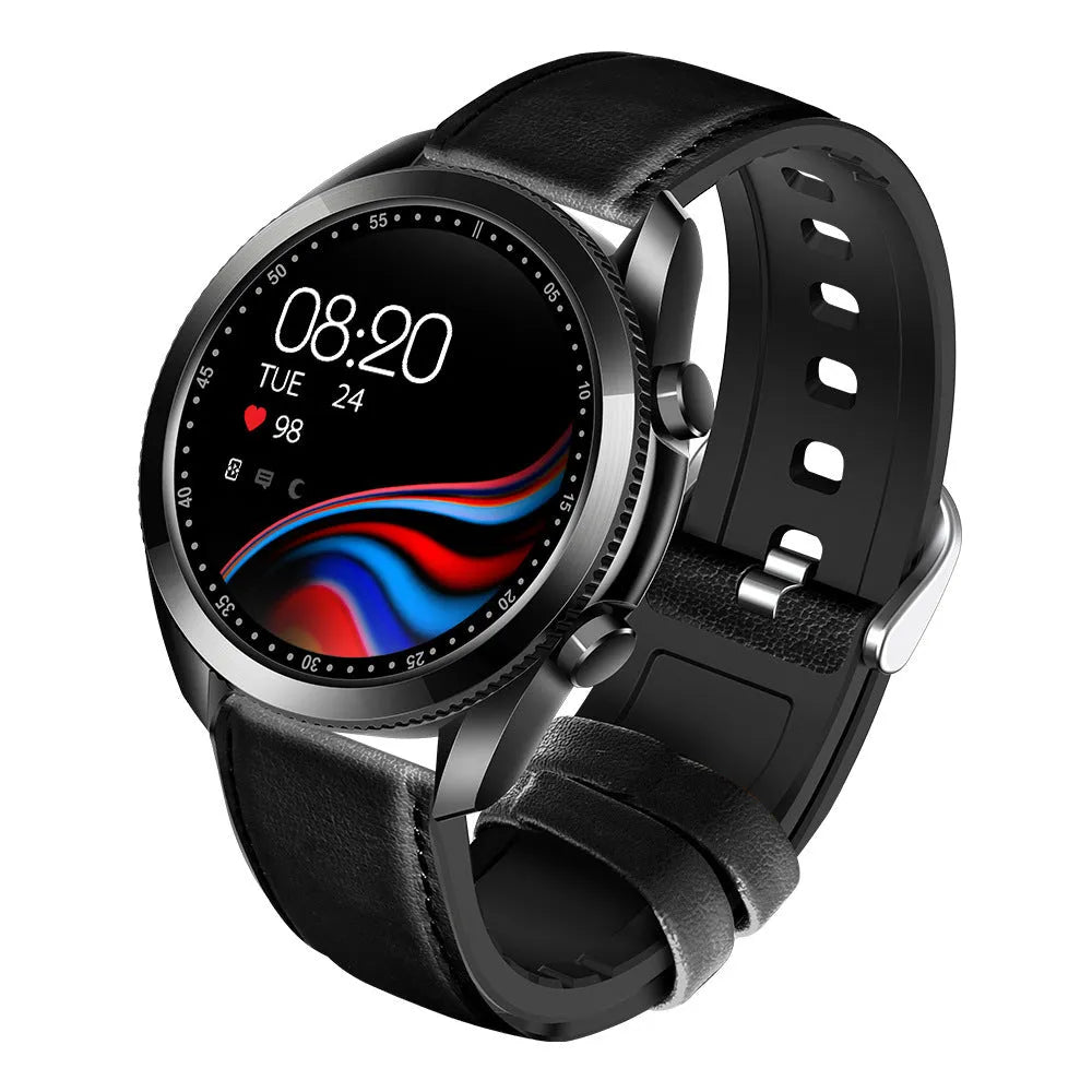 UM90 black smart watch with leather strap showing fitness stats on its 1.28-inch screen.