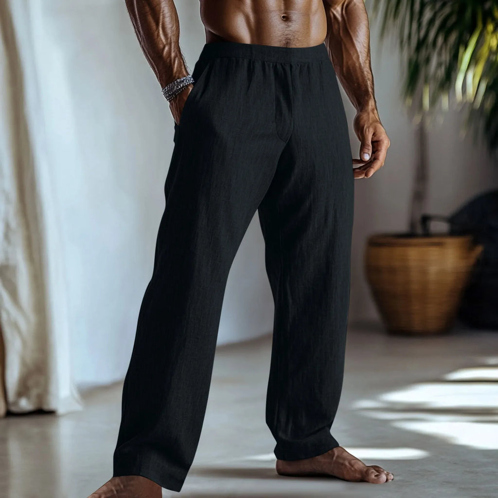 Men's straight-leg casual trousers in a cotton linen blend, shown in a solid colour with side pockets visible.
