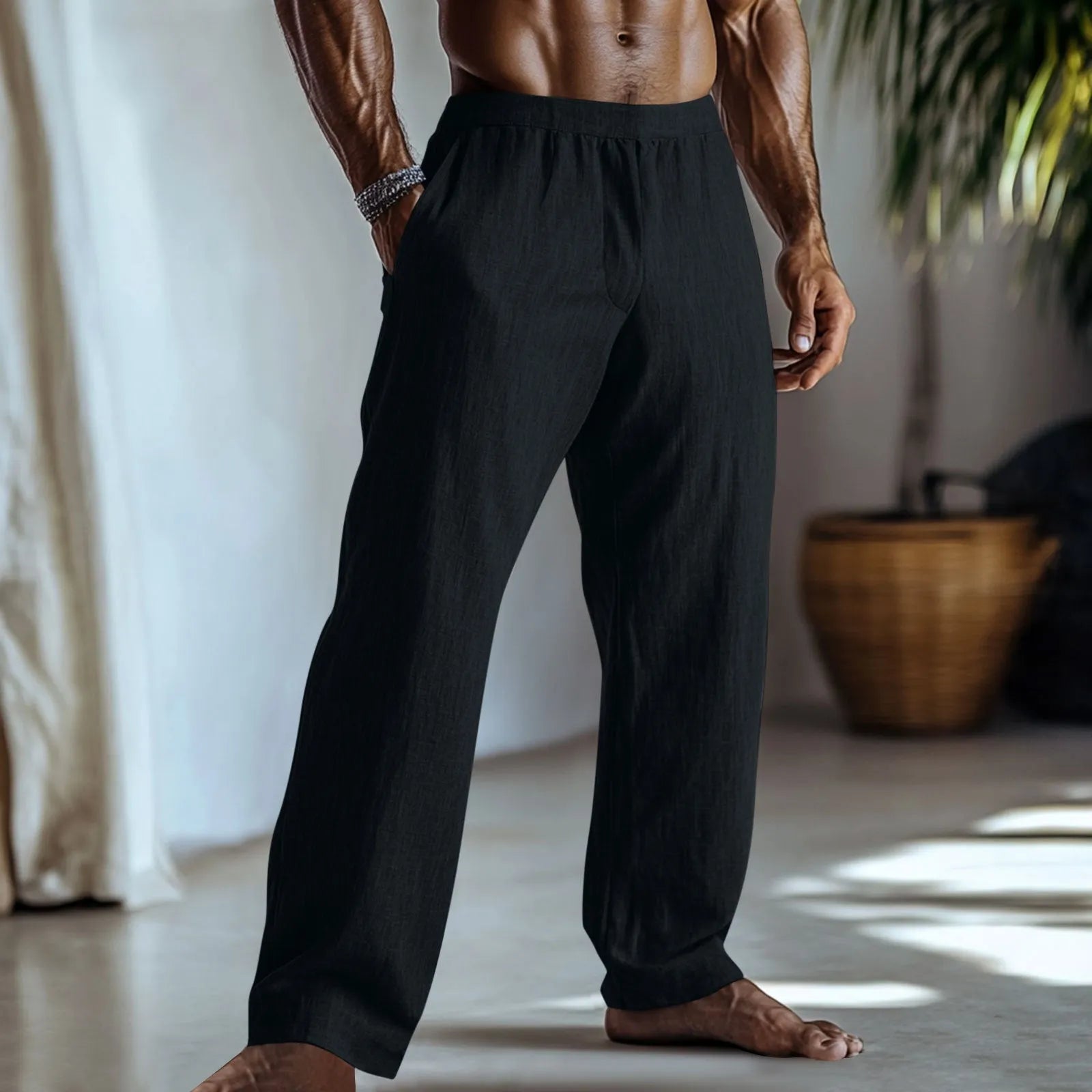 Men's straight-leg casual trousers in a cotton linen blend, shown in a solid colour with side pockets visible.