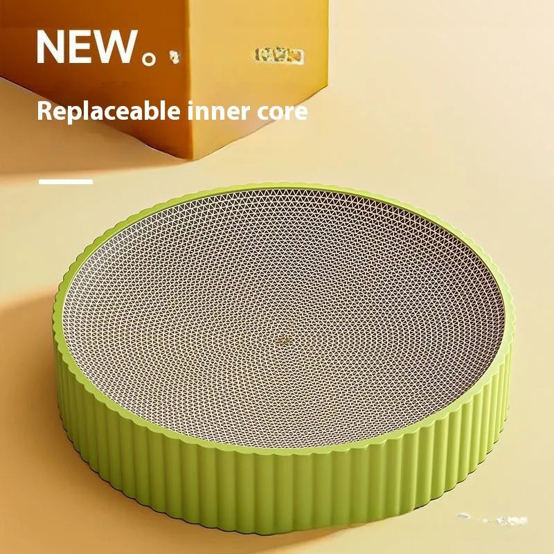 Round green cat scratching board with replaceable corrugated paper centre, 55cm diameter