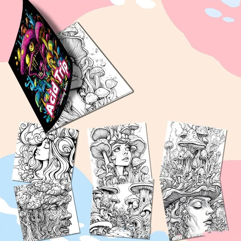 Acid tour colour painting book with paper pages measuring 200mm in length