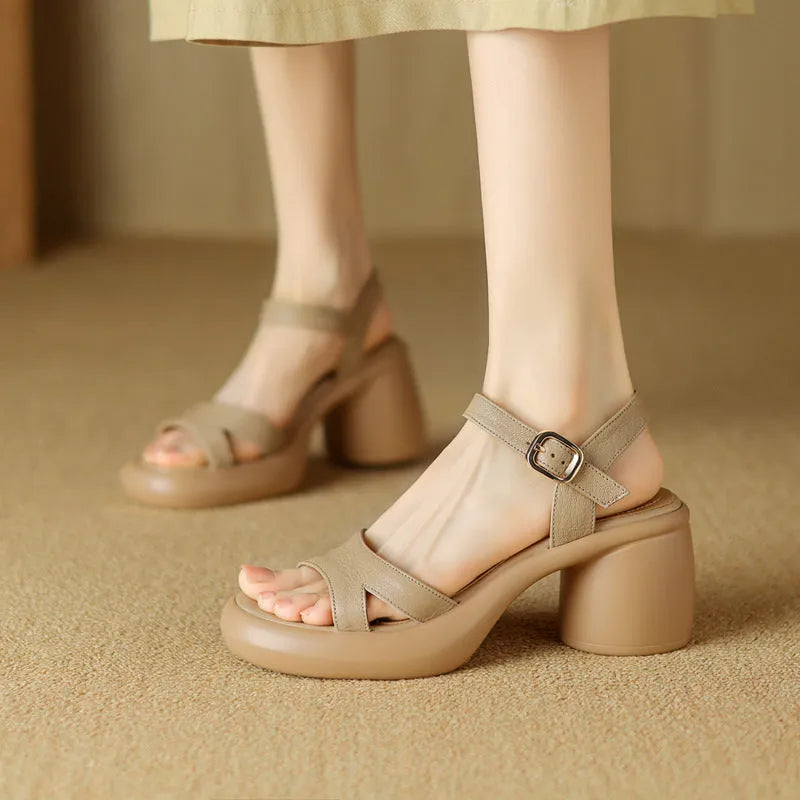 Women's open toe platform sandals in apricot colour with adjustable ankle strap