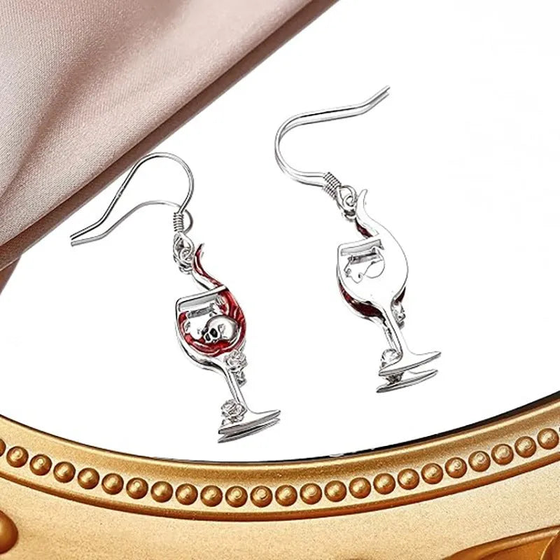 Halloween skull wine glass creative earrings in zinc alloy with electroplated finish