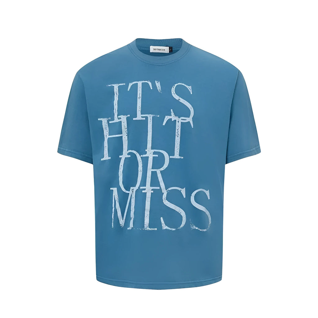 Man wearing a blue American retro letter print loose fit cotton blend t-shirt.