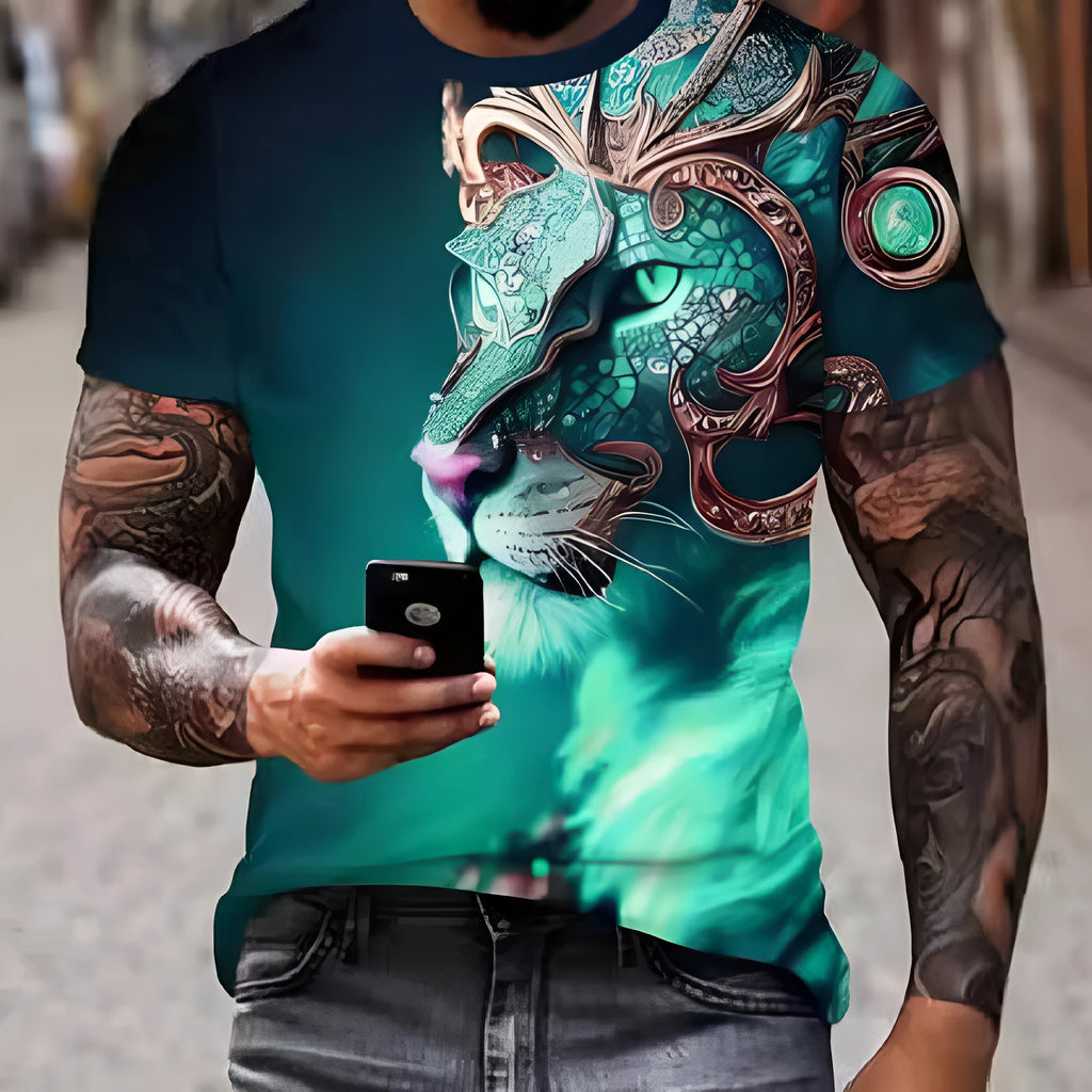 Men's black t-shirt with a large, fierce 3D lion graphic print on the front