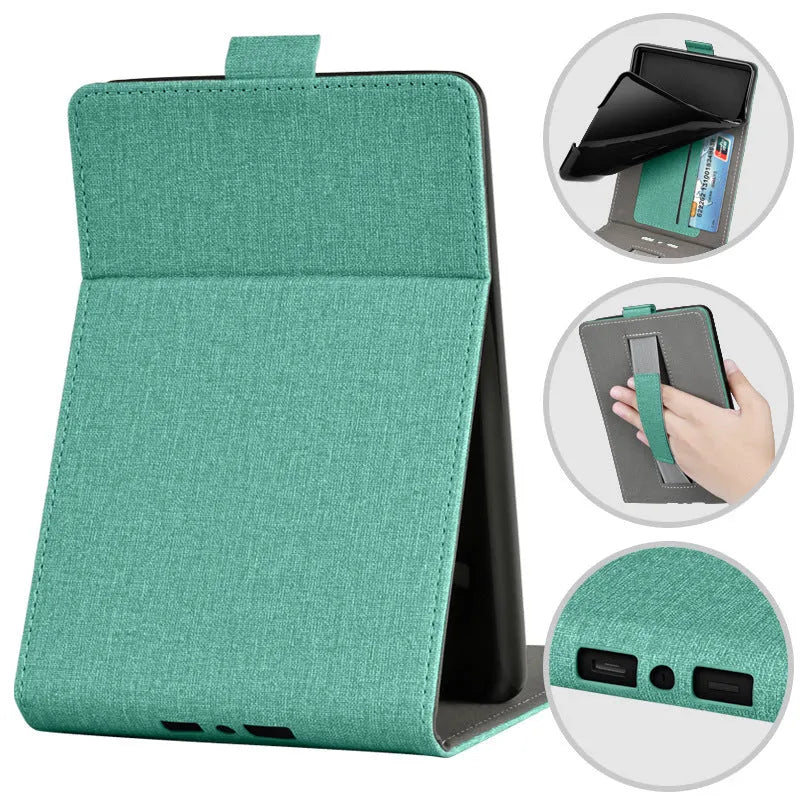 Black TPU leather protective case for a 6-inch Kindle Paperwhite e-reader, showing embossed texture and brackets style edges.
