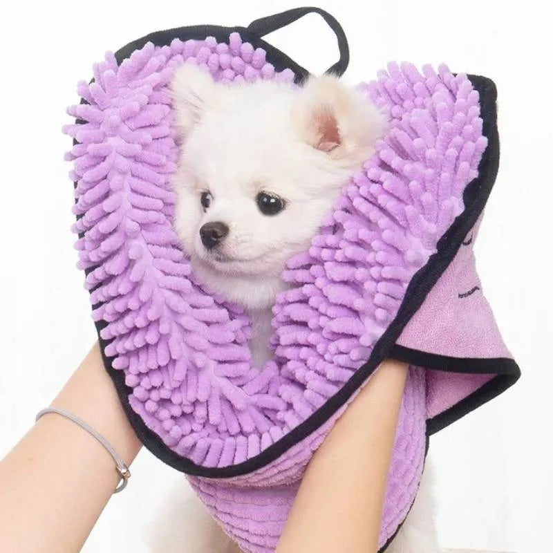 Quick dry dog bath robe towel measuring 62cm by 23cm in blue, grey, purple or red colours