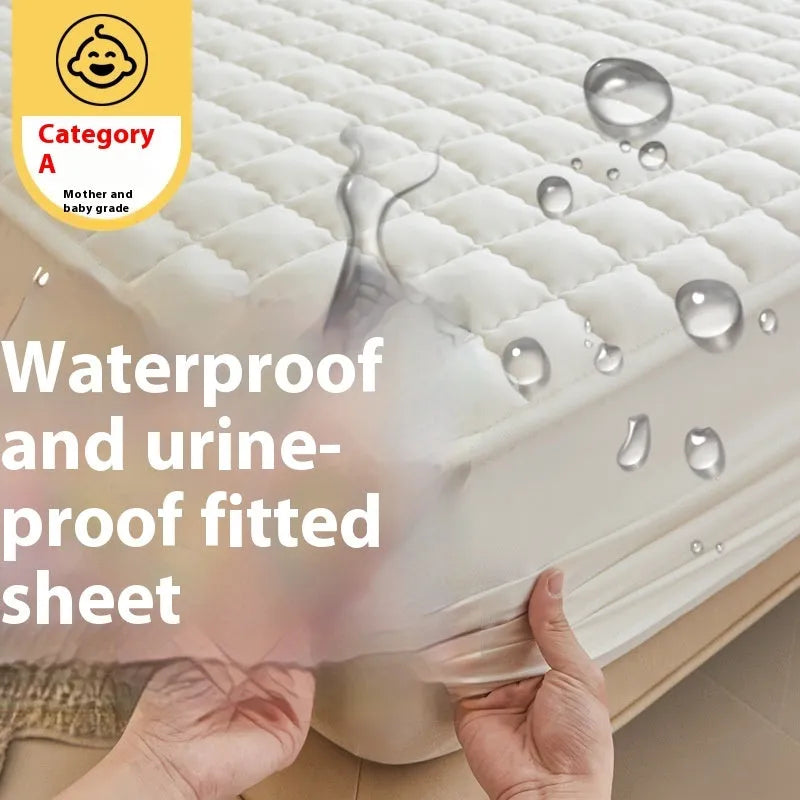 Washed cotton waterproof fitted sheet in light grey colour with elasticated corners on a mattress