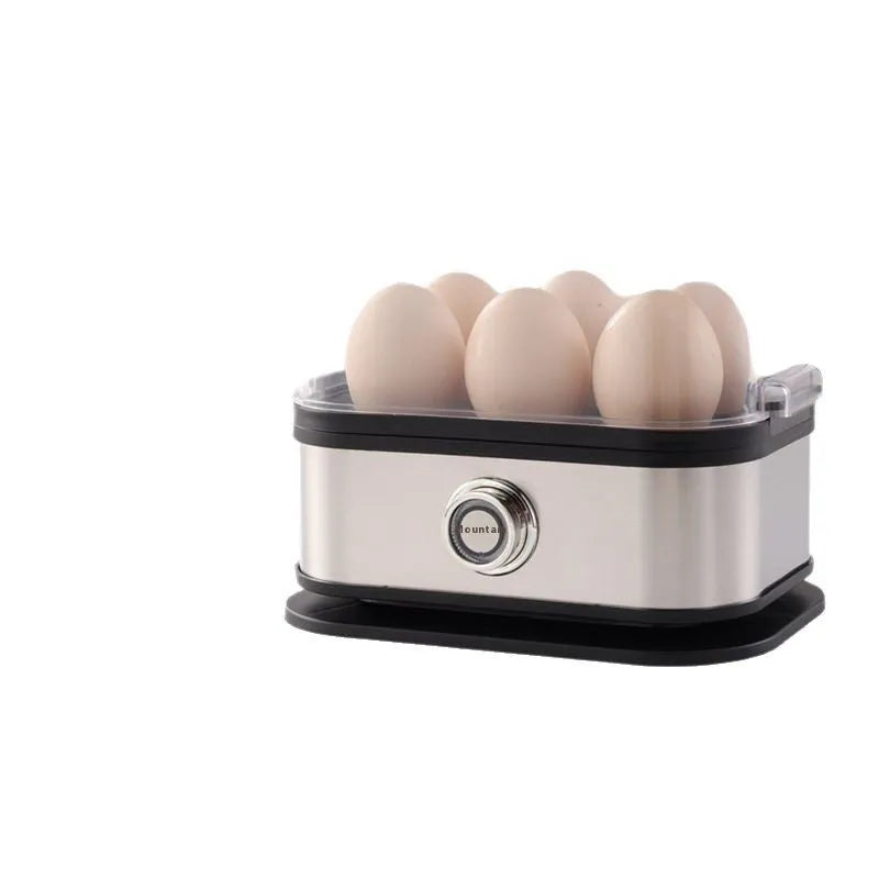 Black stainless steel portable egg boiler with a compact belt-like design for travel