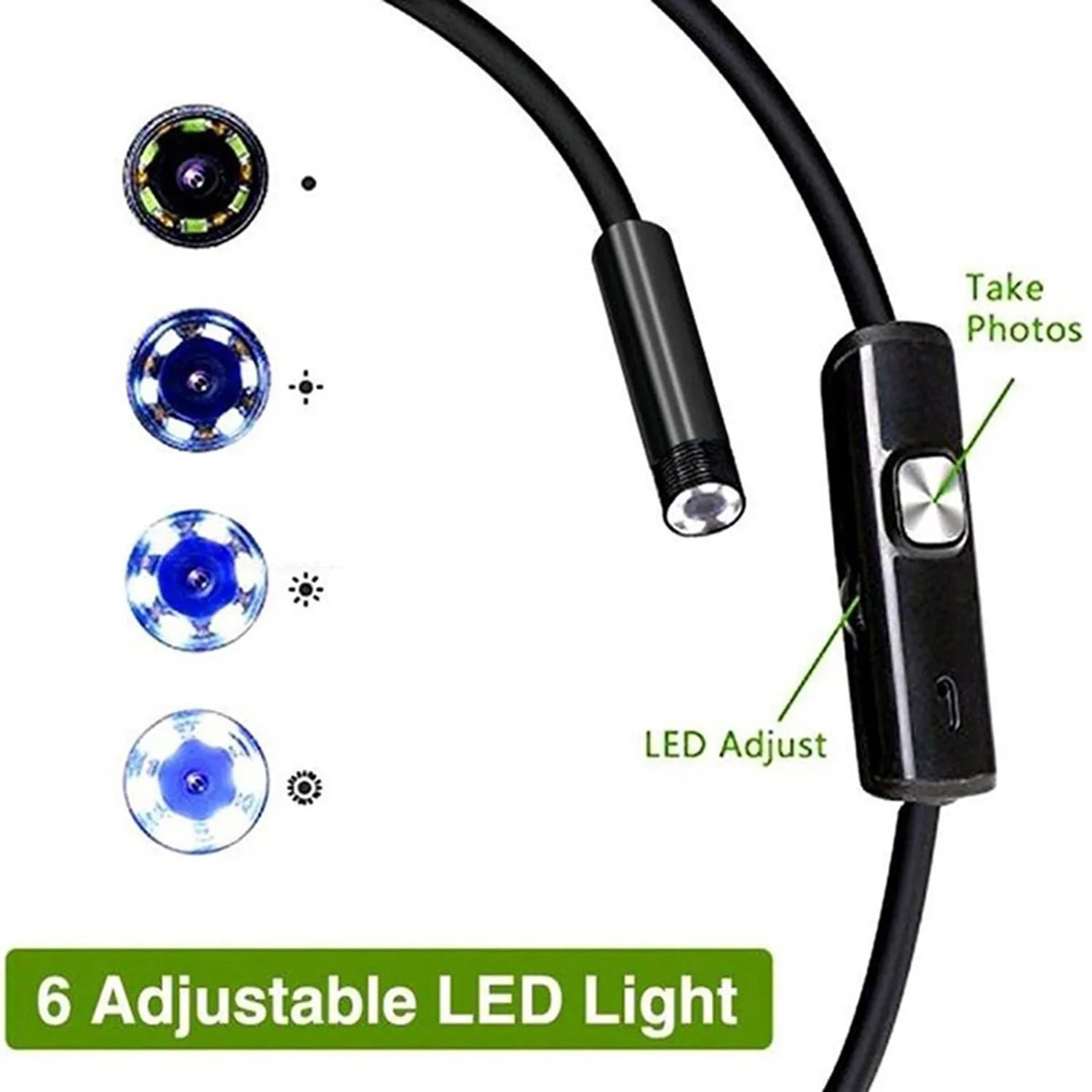 USB C Android mobile phone endoscope with flexible cable, IP67 waterproof rating, and accessories including hook and magnet.