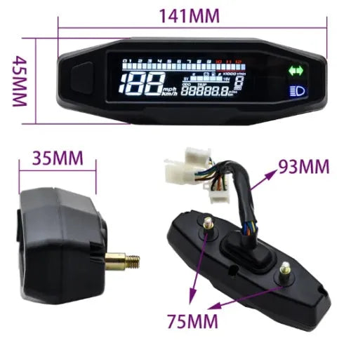 Black motorcycle mini LCD speedometer with oil gauge showing digital display and five-square fuel indicator